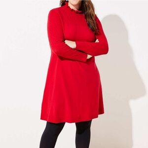 LOFT PLUS Ruffle Pointelle sweater dress Sz 20/22 Red Long Sleeve A-line NWT